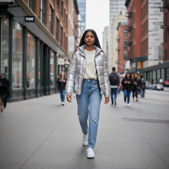 Juicy Couture Black Label Gloss Metalic Graphic Puffer Hooded Coat, Size Large - Picture 2 of 10